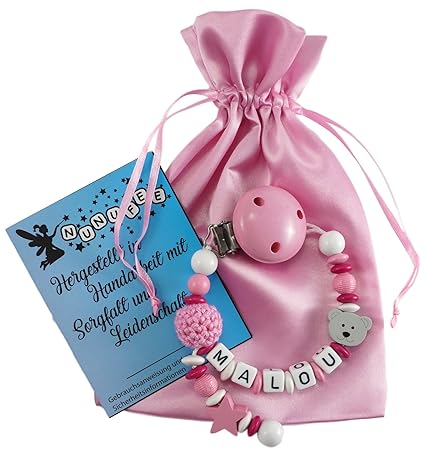 Personalisierte Schnullerkette mit Namen aus Holz in Rosa für Mädchen | verschiedene Designs verfügbar| perfektes Baby-Gesche