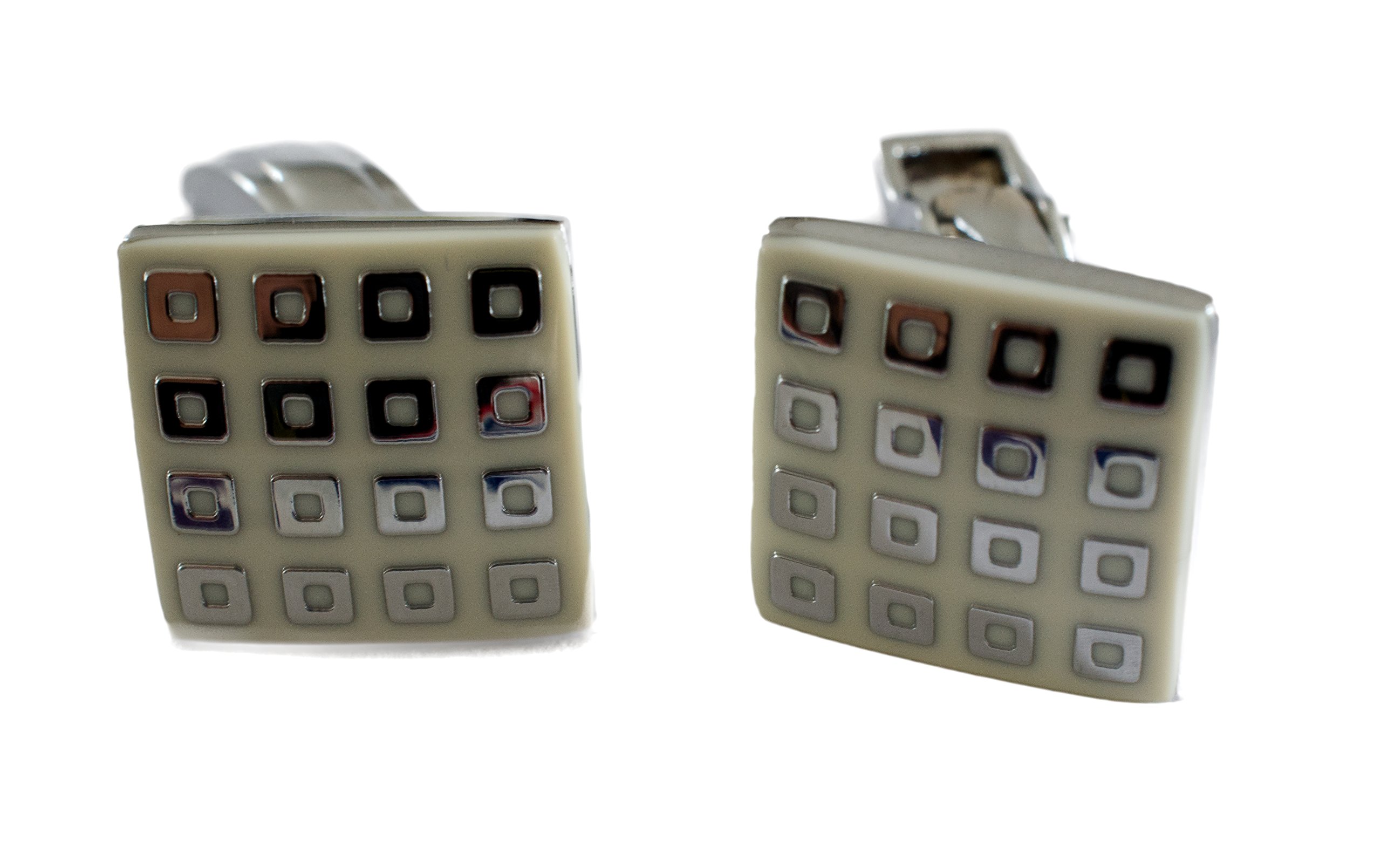 Square Cream Cufflinks with 16 Silver Squares Inside