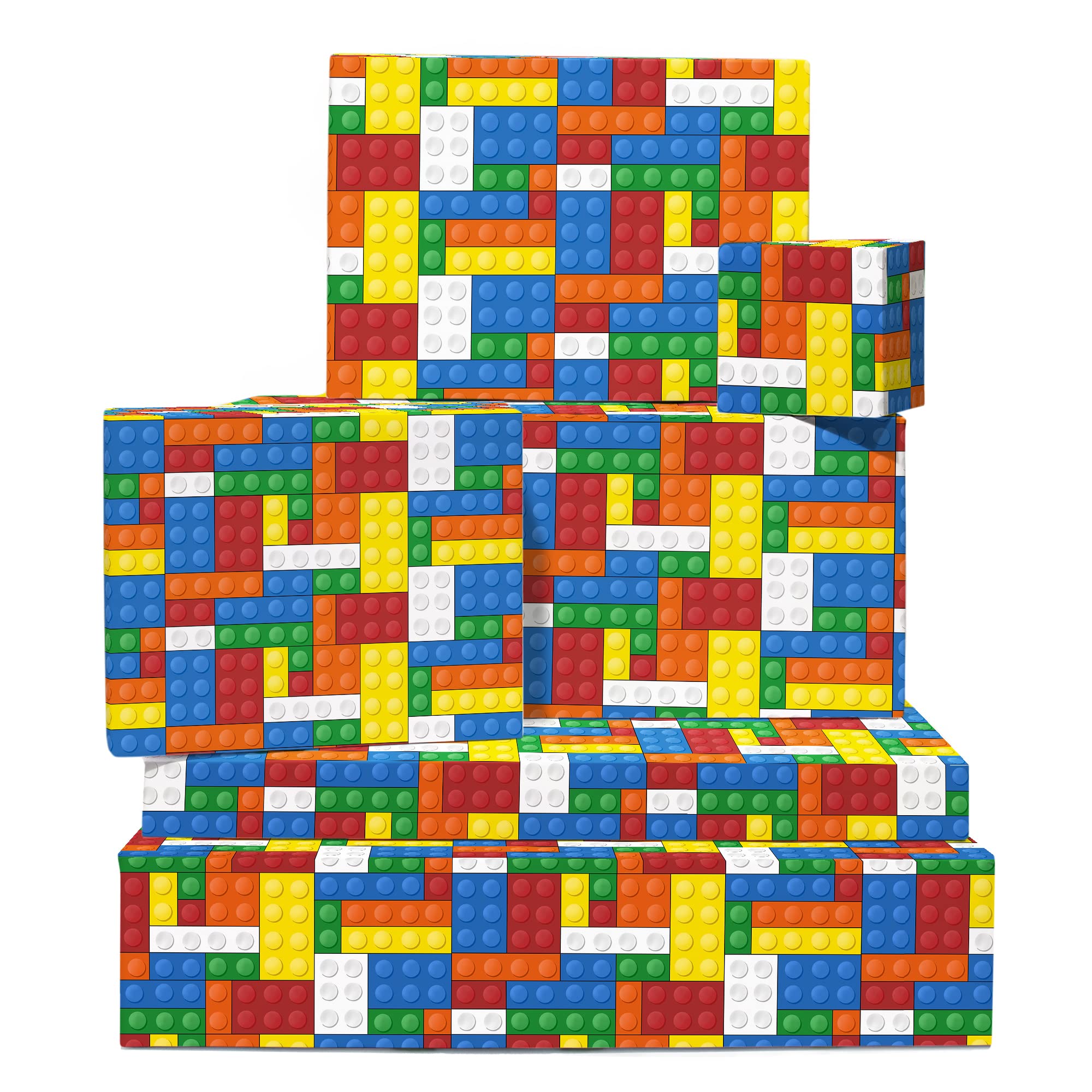 Colourful Wrapping Paper - 6 Sheets of Gift Wrap - Birthday Wrapping Paper for Kids - Building Blocks for Boys and Girls - Birthday Party - Recyclable - Comes With Fun Stickers - By Central 23