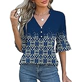 Rapbin Womens 3/4 Length Sleeve Blouses Ruffle Cuffs V Neck Button Down Shirts Dressy Flowy Tunic Tops