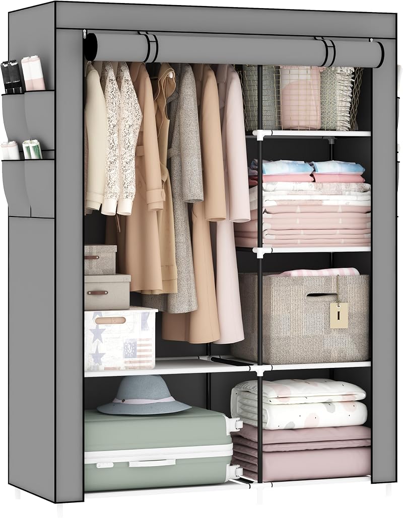 OPPAIYA Canvas Wardrobe, Portable Pop Up Wardrobe with Shelves, 105x45x165cm