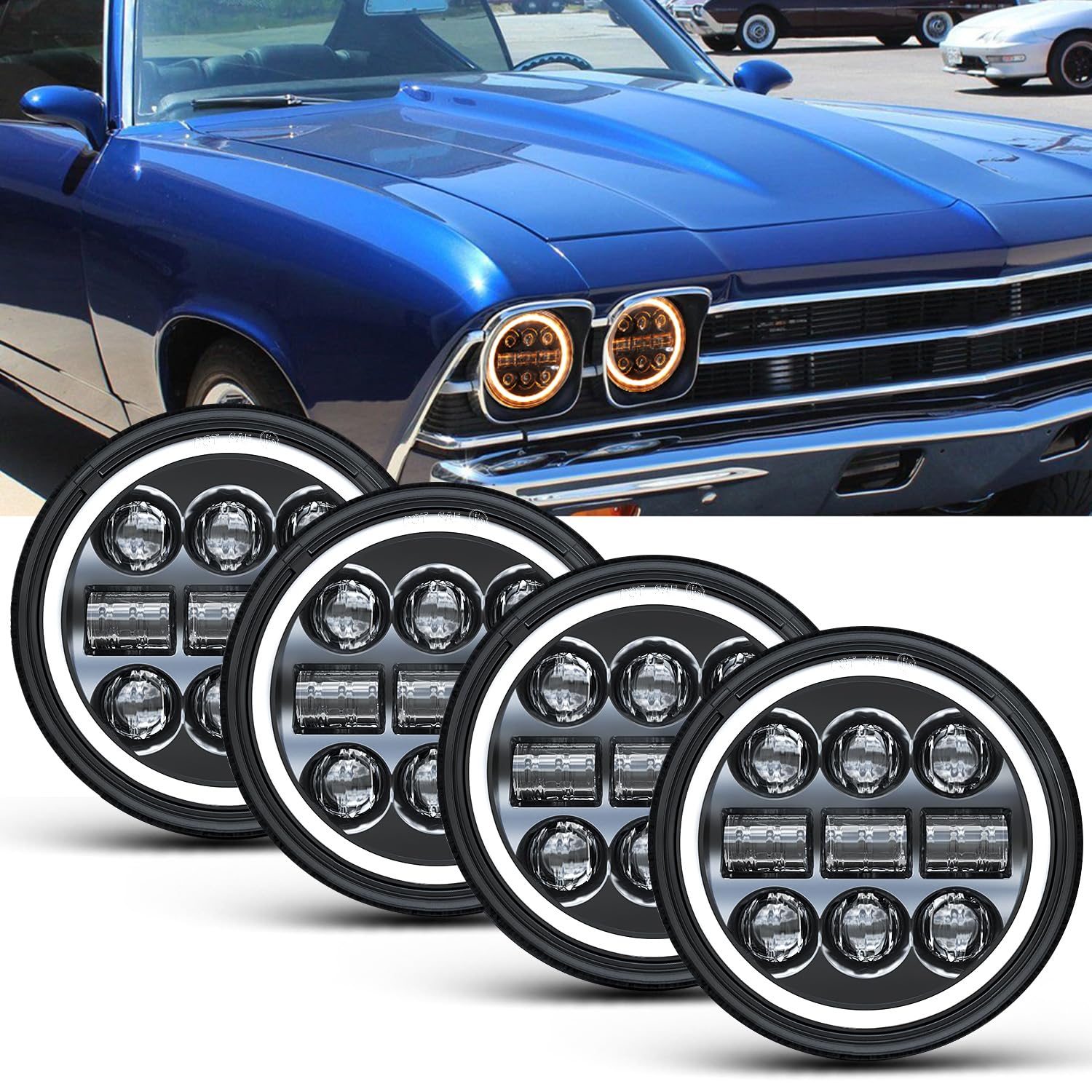 Photo 1 of 5.75" Round LED Headlights, 5-3/4 Inch Sealed Beam Light (H5006) with Projector White/Amber Halo Ring Compatible with GMC/Chevy Chevelle/Thunderbird/Skylark/Charger/Mustang/Challenger, etc.