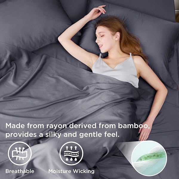 BEDSURE QUEEN SHEET SET, COOLING SHEETS FOR QUEEN SIZE BED SET, RAYON DERIVED FROM BAMBOO, BREATHABLE & SOFT DEEP POCKET UP TO 16 INCHES, HOTEL LUXURY SILKY BEDDING, BEDSHEET & PILLOWCASES, DARK GREY