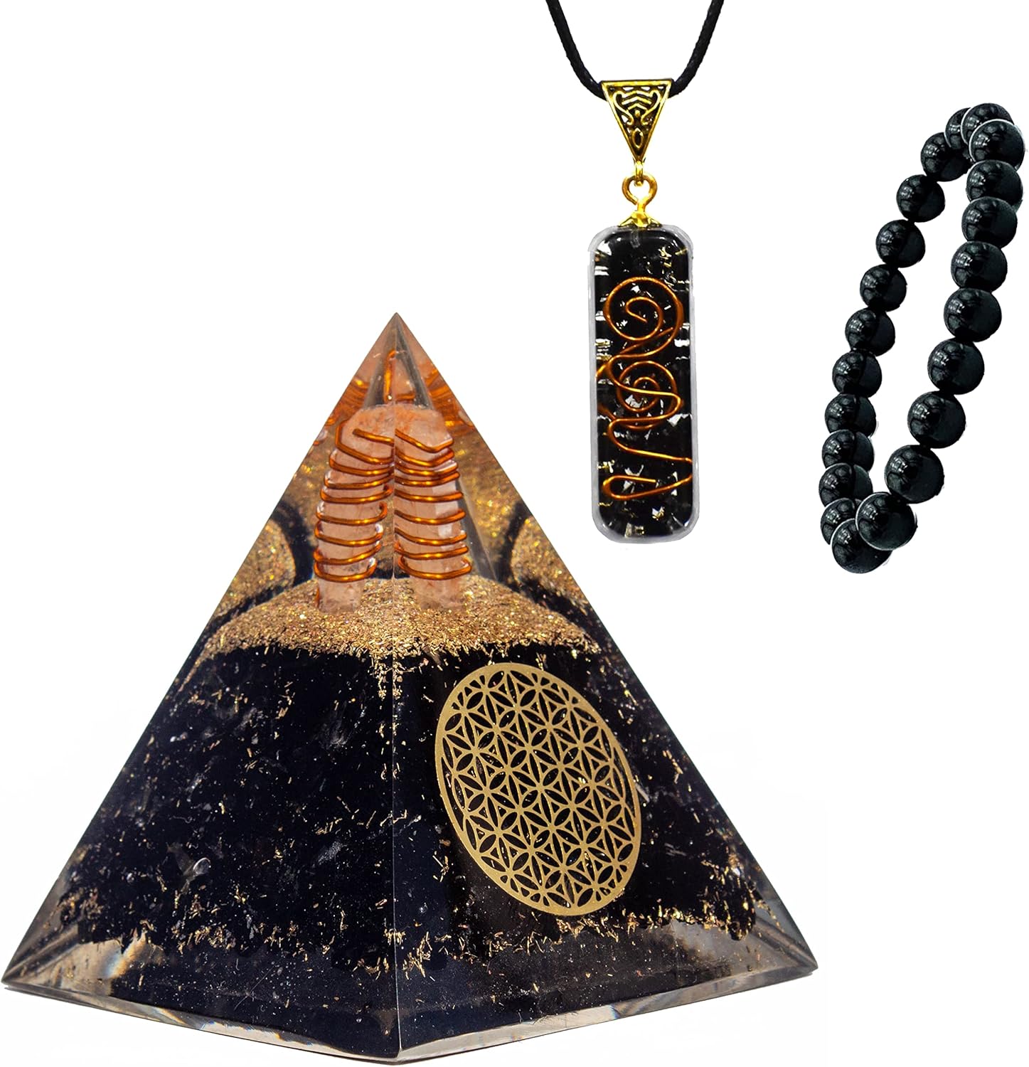 Mixed Media - 3 in 1 Orgone Pyramid for E-Energy Protection & Healing- meditation orgonite pyramids with Pendant and Bracelet set/crystal chakra set (Black Tourmaline)