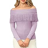 WLLW Women's Fringe Tops Juniors Boat Neck Sweater Long Sleeve Pullover Sweater Slim Fit Off Shoulder Sweaters