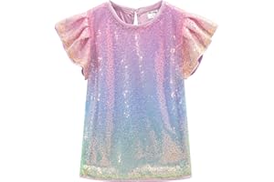 Noomelfish Girls Short Sleeve Sequin Shirts Party Glitter Sparkly Tops Blouse (5-12 Years)
