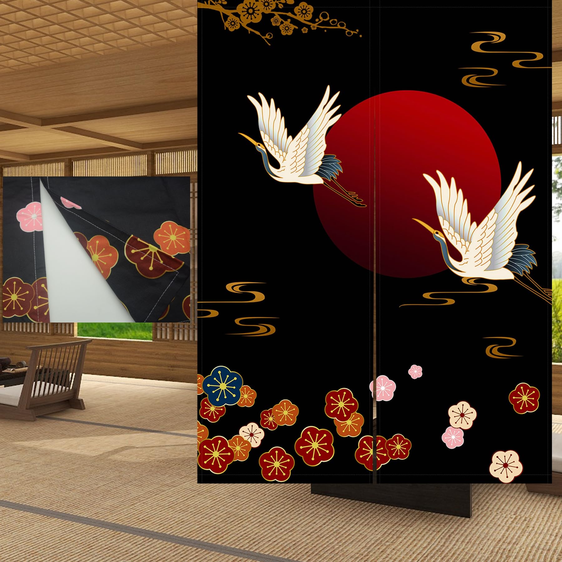LIGICKY Noren Doorway Curtain Japanese Style Thicken White Cranes Red Sun Gold Colourful Cherry Blossom Printed Window Treatment Door Tapestry for Home Decoration 33.5 x 47.5 inch, Double Sided