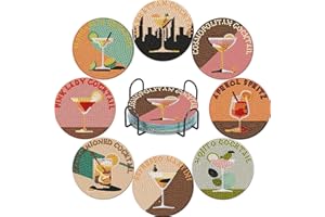 Cocktail Diamond Painting Coasters, 8 Pcs Cocktail Diamond Art Coasters with Holder, 5D Gem Art Kit Easy Crafts, Non Slip Coa