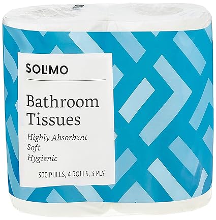 Amazon Brand - Solimo 3 Ply Toilet Paper/Tissue Roll - 4 Rolls (300 Pulls Per Roll)