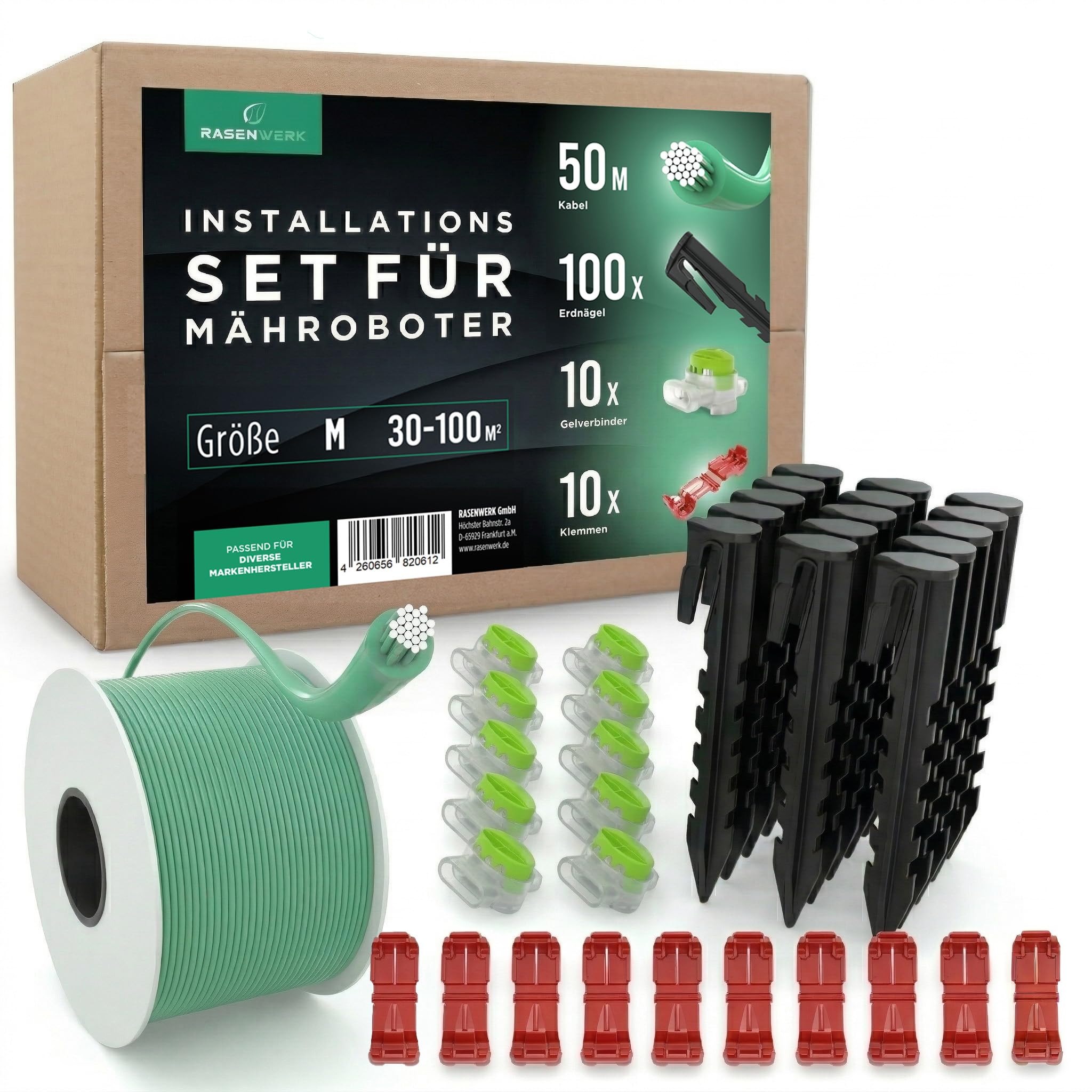 RASENWERK Boundary Cable Installation Set for Robotic Lawnmower – 100 Pegs with Patented Shape – 10 Connection Clamps – 50 m Universal Boundary Cable for Lawn Robot – 3 Connection Terminals