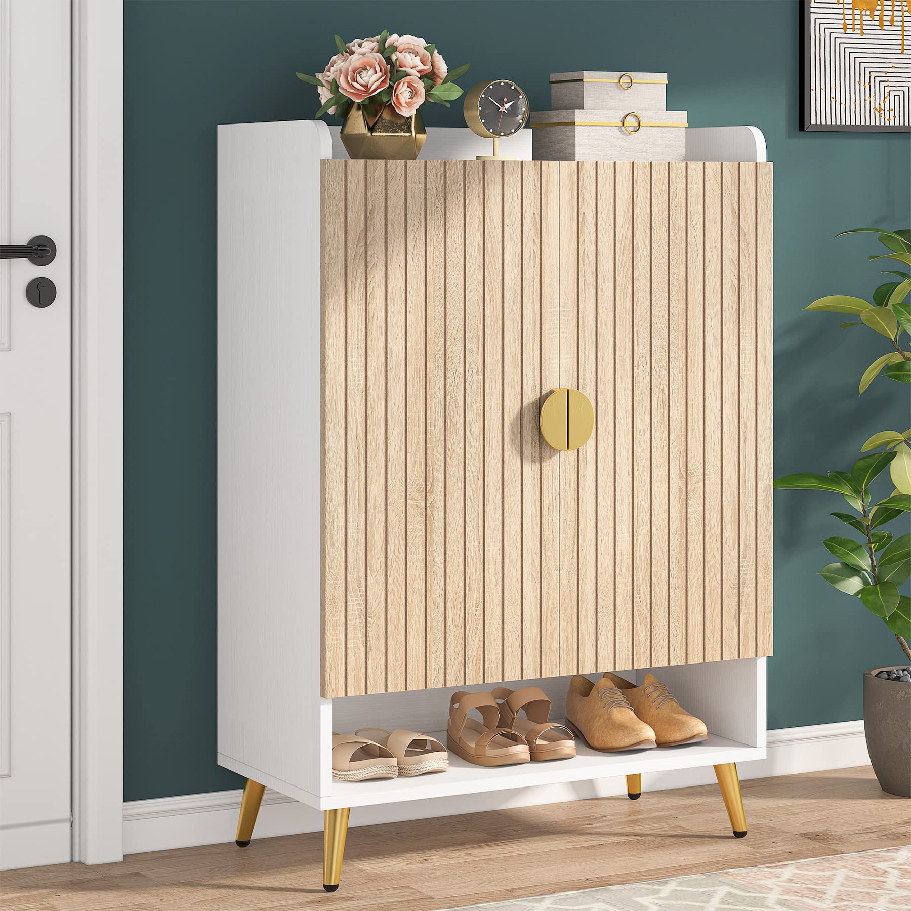 Photo 1 of (used)(damage)Tribesigns Shoe Cabinet with Doors, 7-Tier Shoe Storage Cabinet with Adjustable Shelves, Wooden Shoes Rack Shoe Storage 