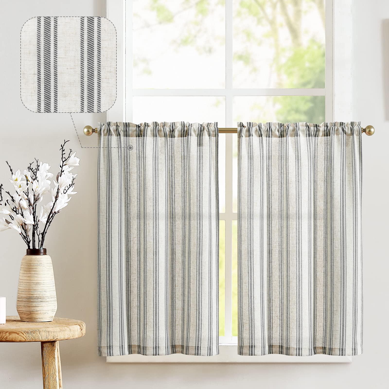 Photo 1 of jinchan Linen Striped Kitchen Curtains 24 Inch Farmhouse Small Cafe Curtains Balanced Stripe Half Window Light Filtering for Bathroom Living Room Laundry 2 Panels Black on Beige