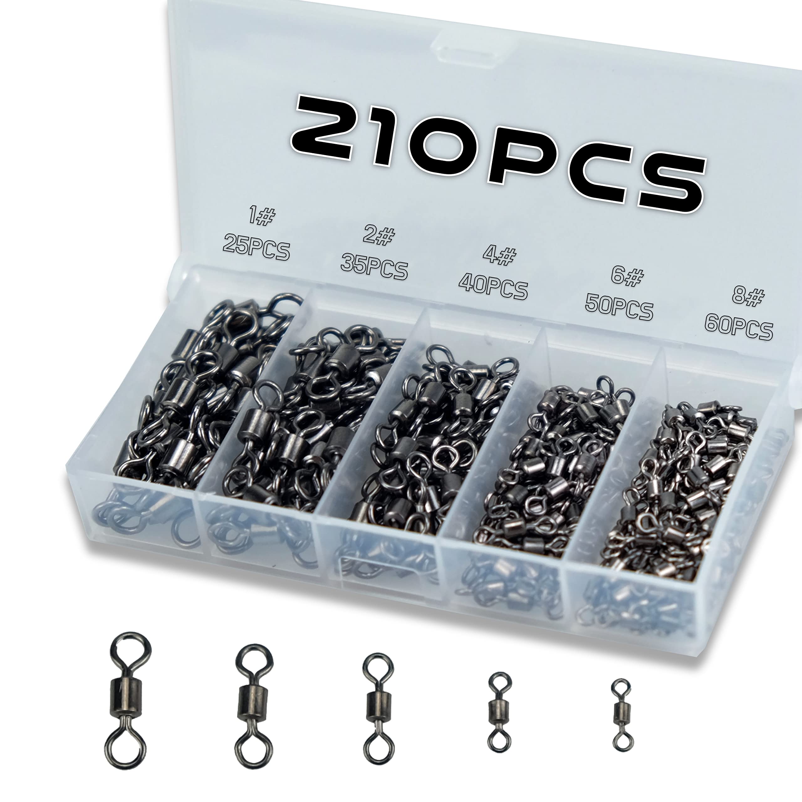 Piscorush 70/210pcs Fishing Swivels Rolling Barrel Swivels Multisize High Strength Stainless Steel Rolling Swivels Fishing Hook Line Connector Angling Accessories (1#25 2#35 4#40 6#50 8#60)