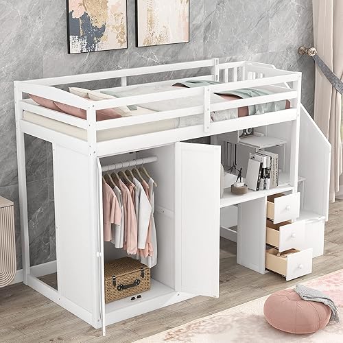 SOFTSEA Wood Twin Loft Bed for Kids Multifunctional Loft Bunk Bed