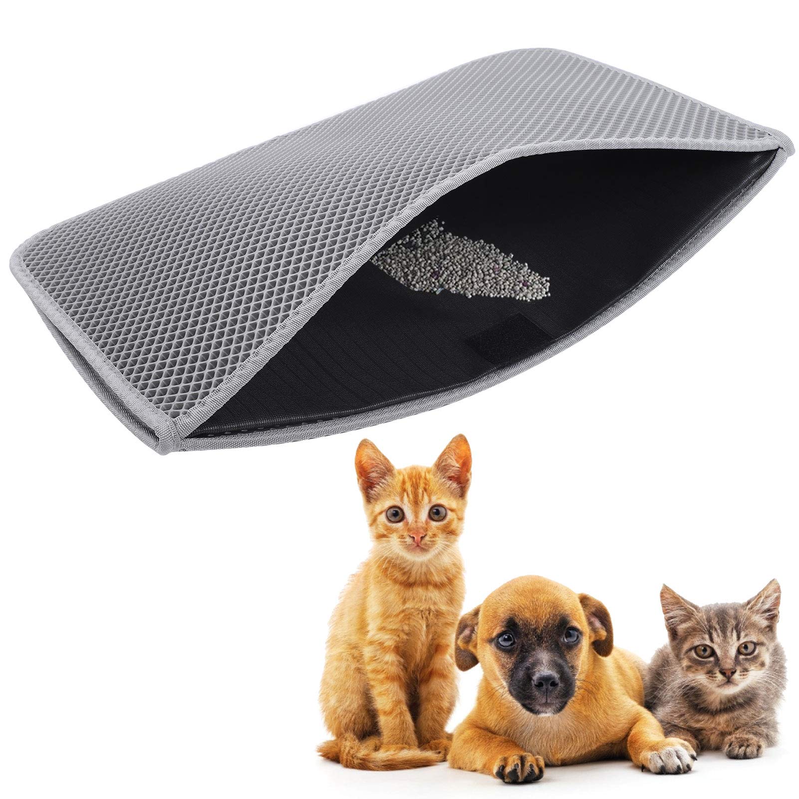 Cat Litter Mat EVA Double Layer Cat Litter Trapping Mat Anti‑Slip Soft Litter Catcher Scatter Control Pad for Pet Cat Dog(M-gray)