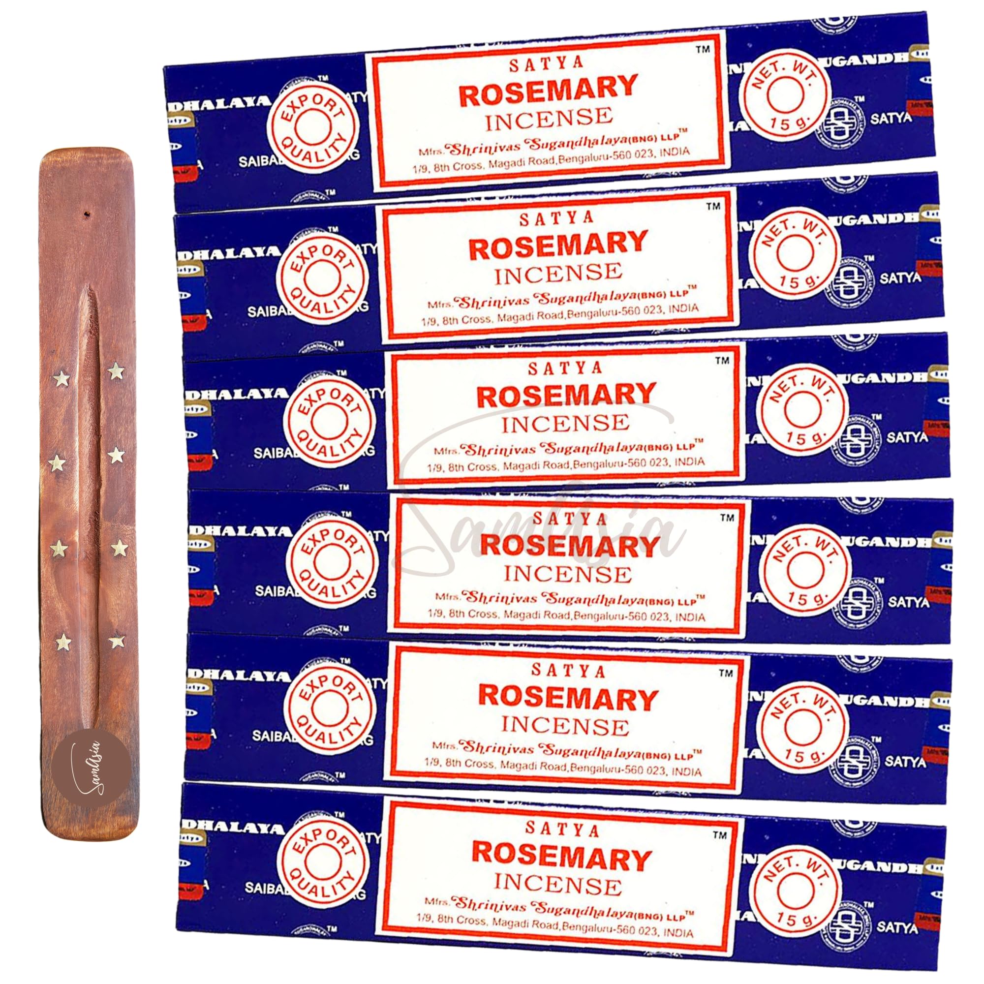 Satya Nag Champa Rosemary Incense Sticks | x6 pack | with SAMASIA incense sticks holder | Used for Aromatherapy, Spa, Yoga, Weddings, Meditation, Healing, Positivity and Relaxation