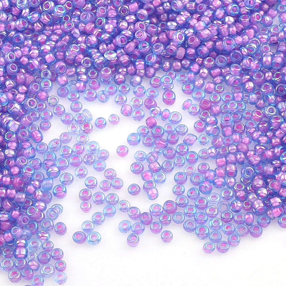 Pack of 1100 Glass Seed Beads 4 mm, 6/0, Pony Beads, Clear Mini Children's Beads, Seed Beads, Choice of Colours (Purple Inside Colour)