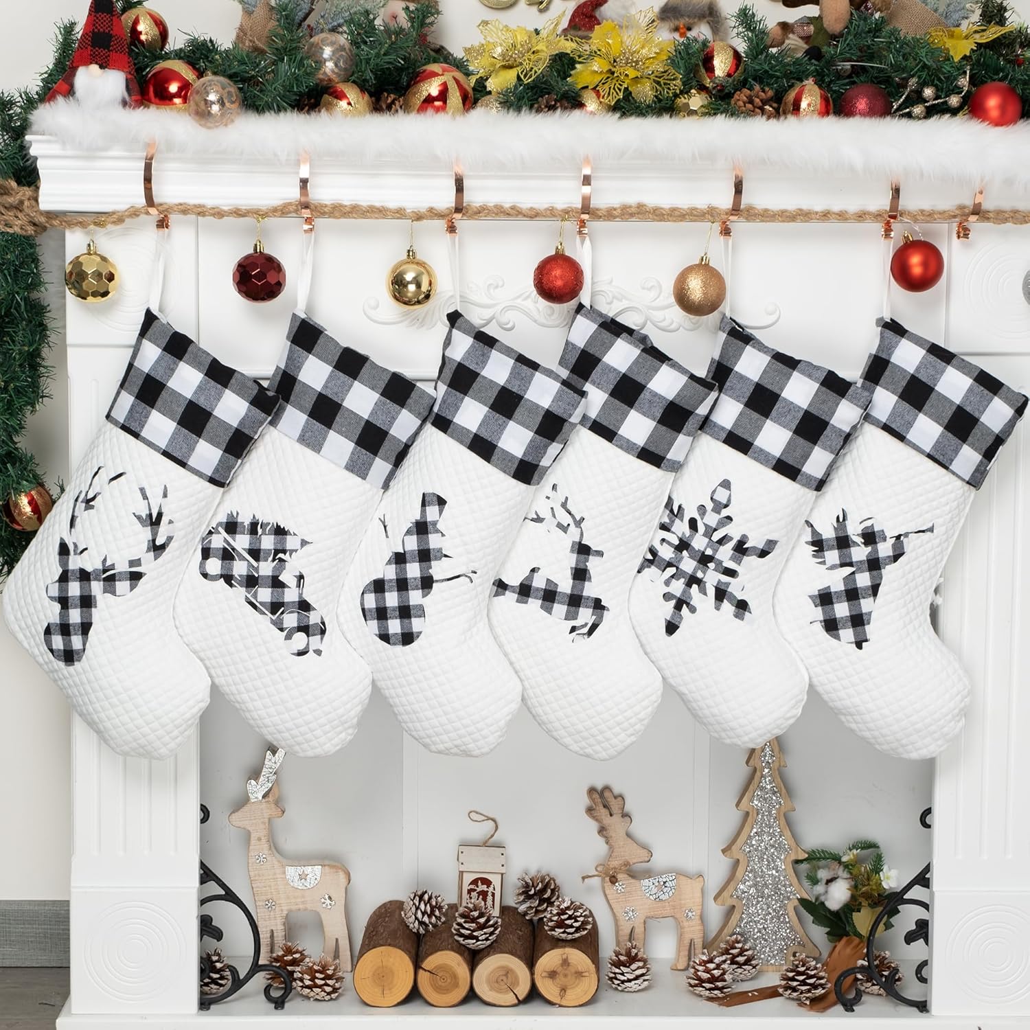 Stockings & Holders - LUBOT Set of 6 Christmas Stocking(20inch) Silhouette Buffalo Black Plaid/Rustic/Farmhouse/Country Cotton Fireplace Hanging Xmas Stockings Decorations for Family Holiday Season Decor