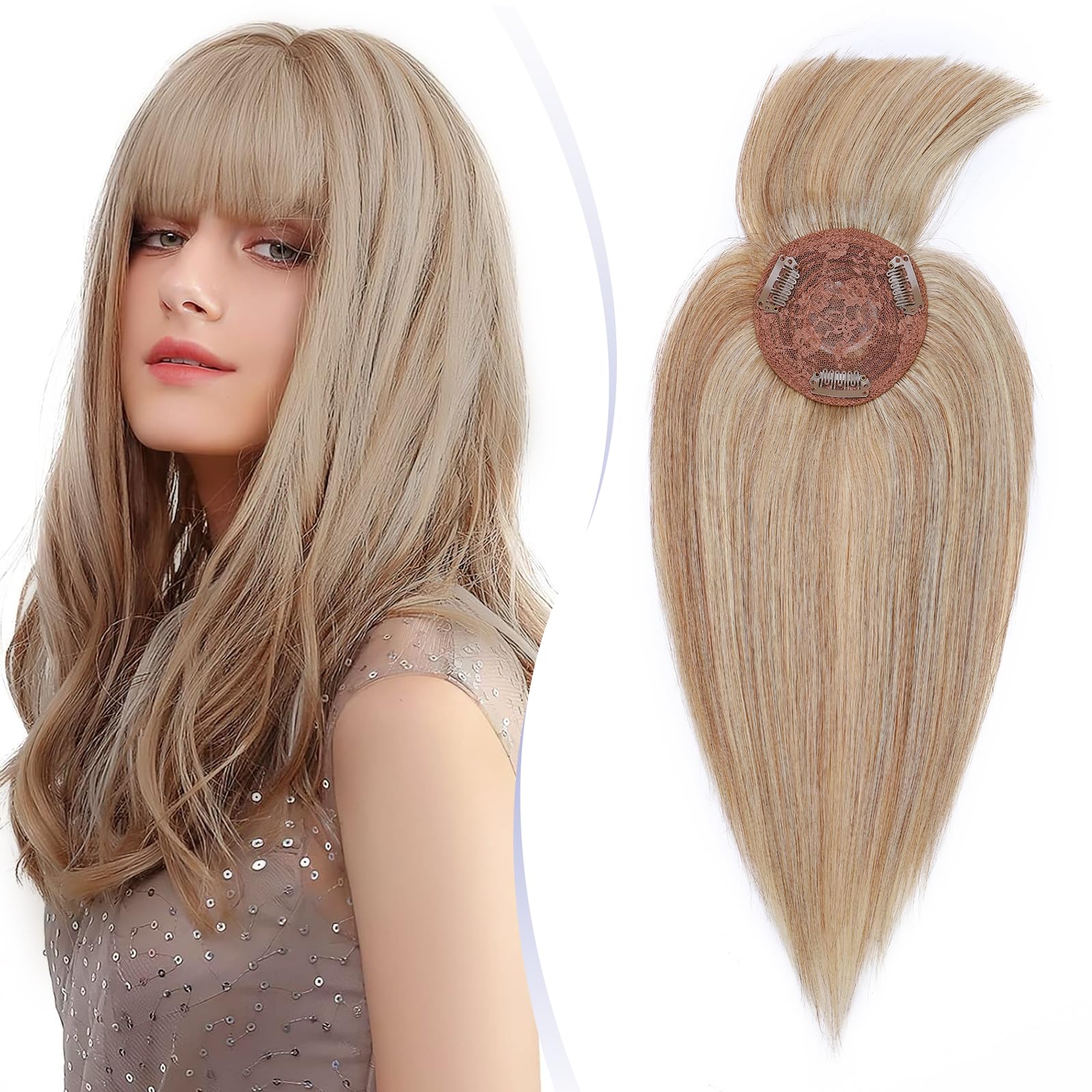 TESS Hair Topper For Women Human Hair For Thinning Hair Real Hair With Bangs Fringe Mono Base Natural Crown Hairpiece Short - #12P613 Golden Brown & Bleach Blonde - 10 Inch — image 1