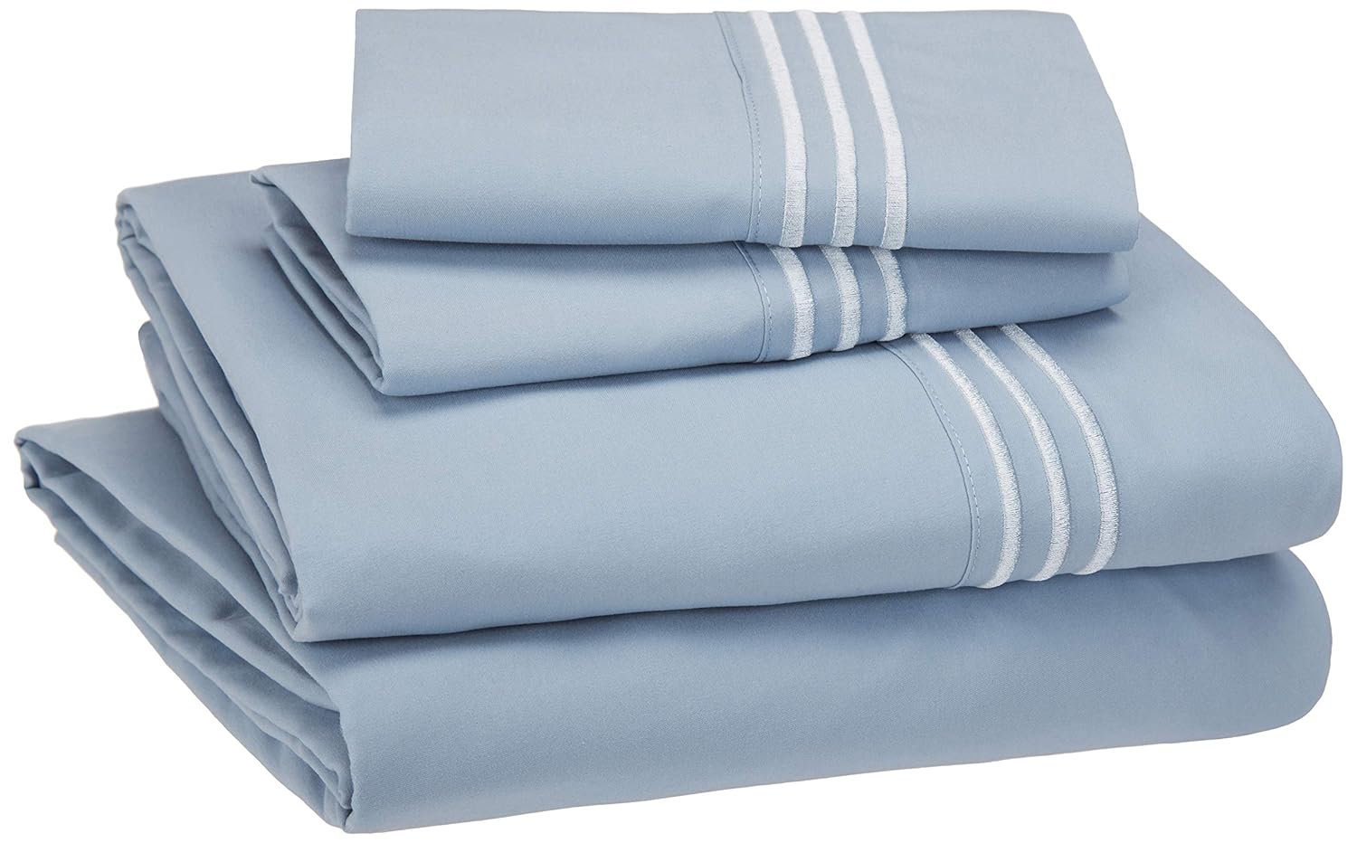 AmazonBasics Embroidered Hotel Stitch Sheet Set - Premium, Soft, Easy-Wash Microfiber - Full, Dusty Blue