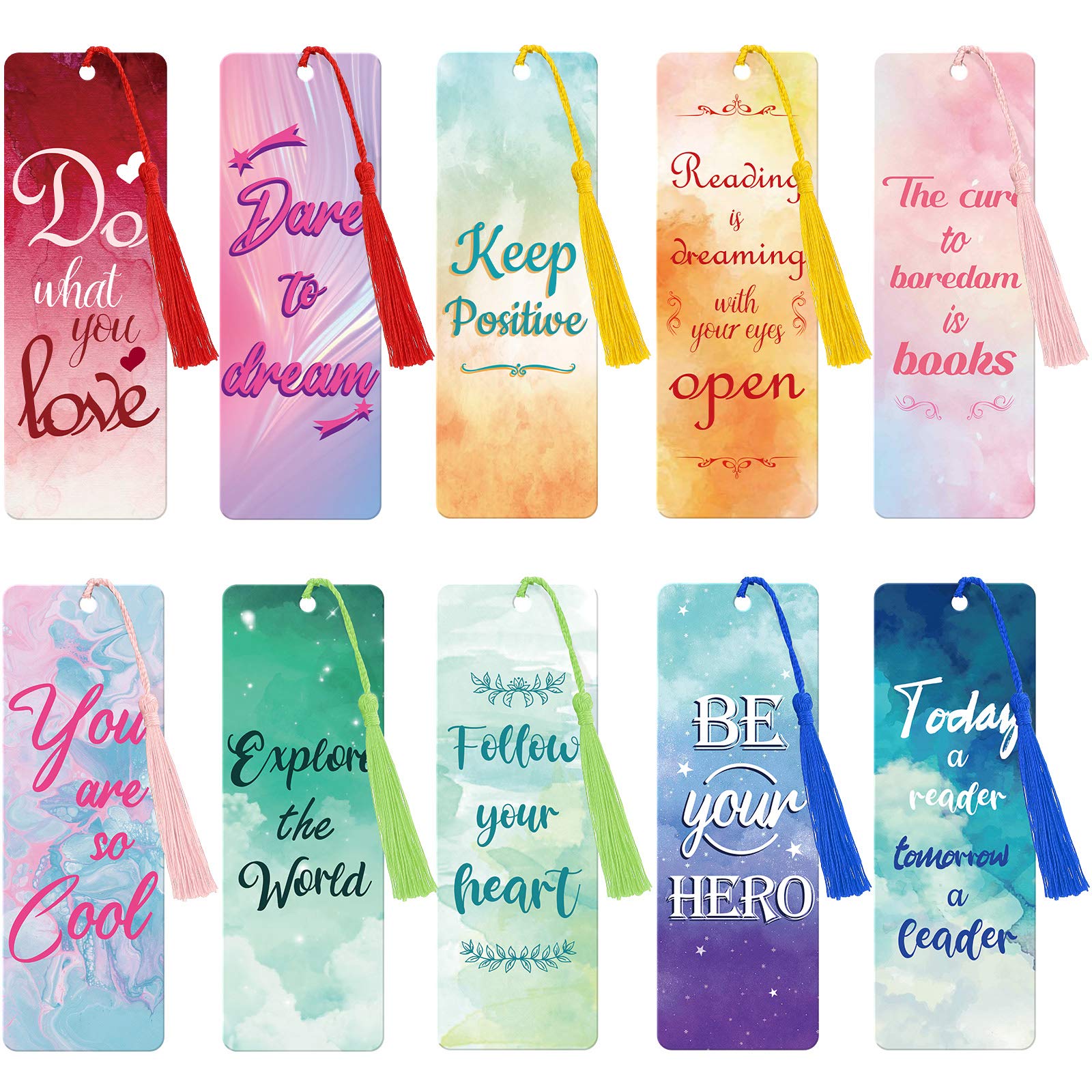 20 Pieces Inspirational Quote Bookmark with Tassel Motivational Bookmarks Positive Page Marker for School Office Students Bookworm Presents, 10 Designs