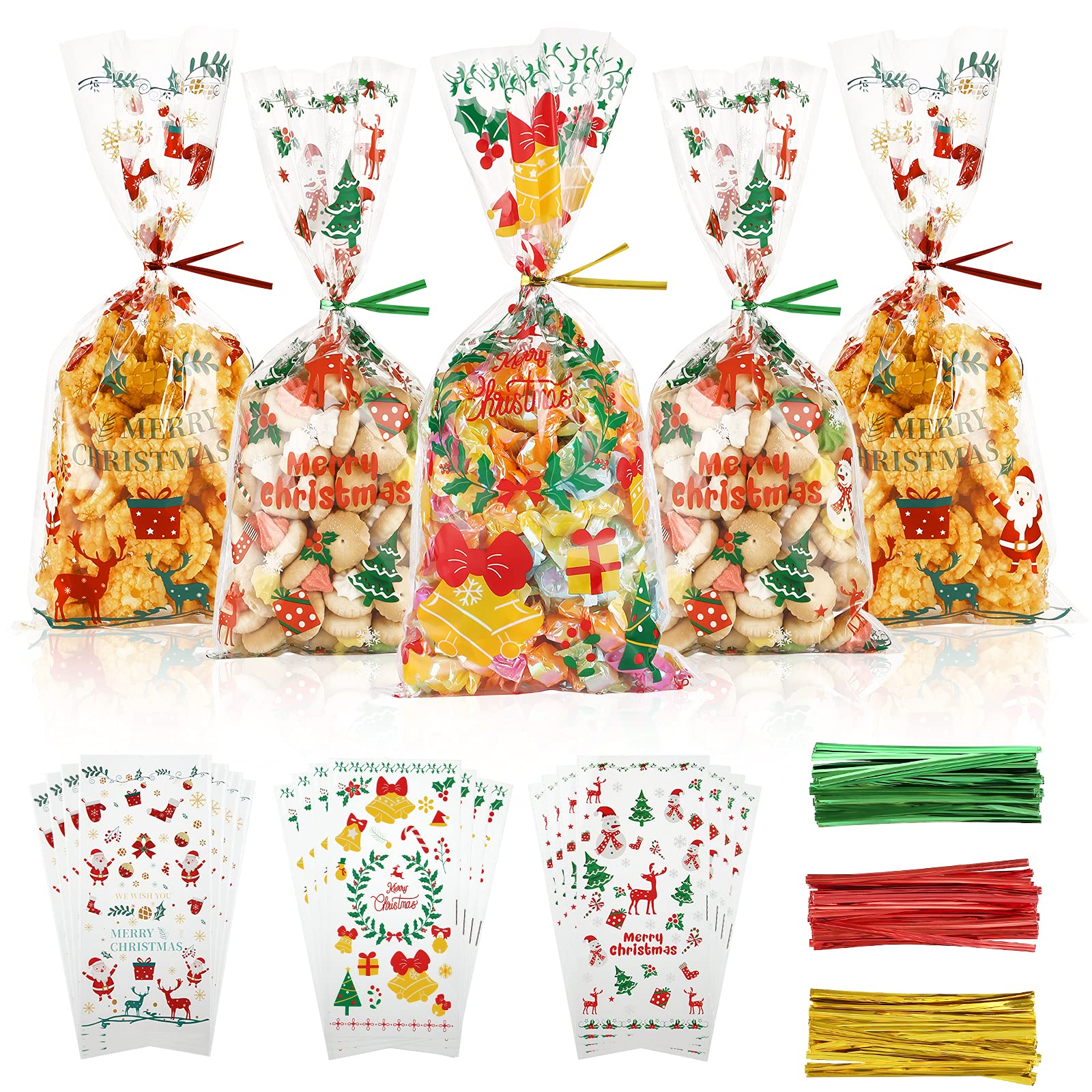 AUERVO 120Pcs Christmas Cellophane Treat Bags, Santa Claus Bells Elk Pattern Party Bags With Red Green Gold Twist Ties for XMAS Party Supplies Decorations