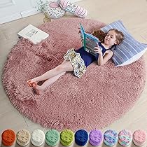 Blush Pink Fluffy Round Rug 4Ft for Bedroom, Fuzzy Furry Circle