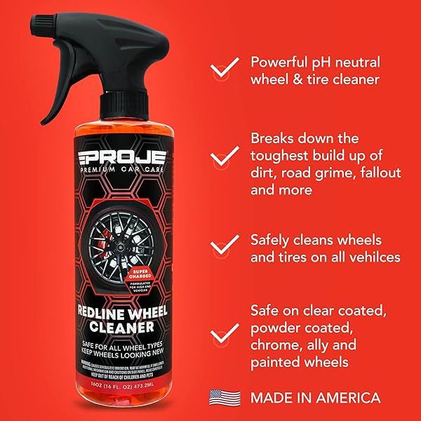 PROJE’ REDLINE WHEEL CLEANER – ALL IN ONE WHEEL & TIRE CLEANER – TOUGH ON BRAKE DUST & DIRT – REMOVES BROWNING – NON ACIDIC SAFE ON ALL RIM TYPES – 16 FL OZ