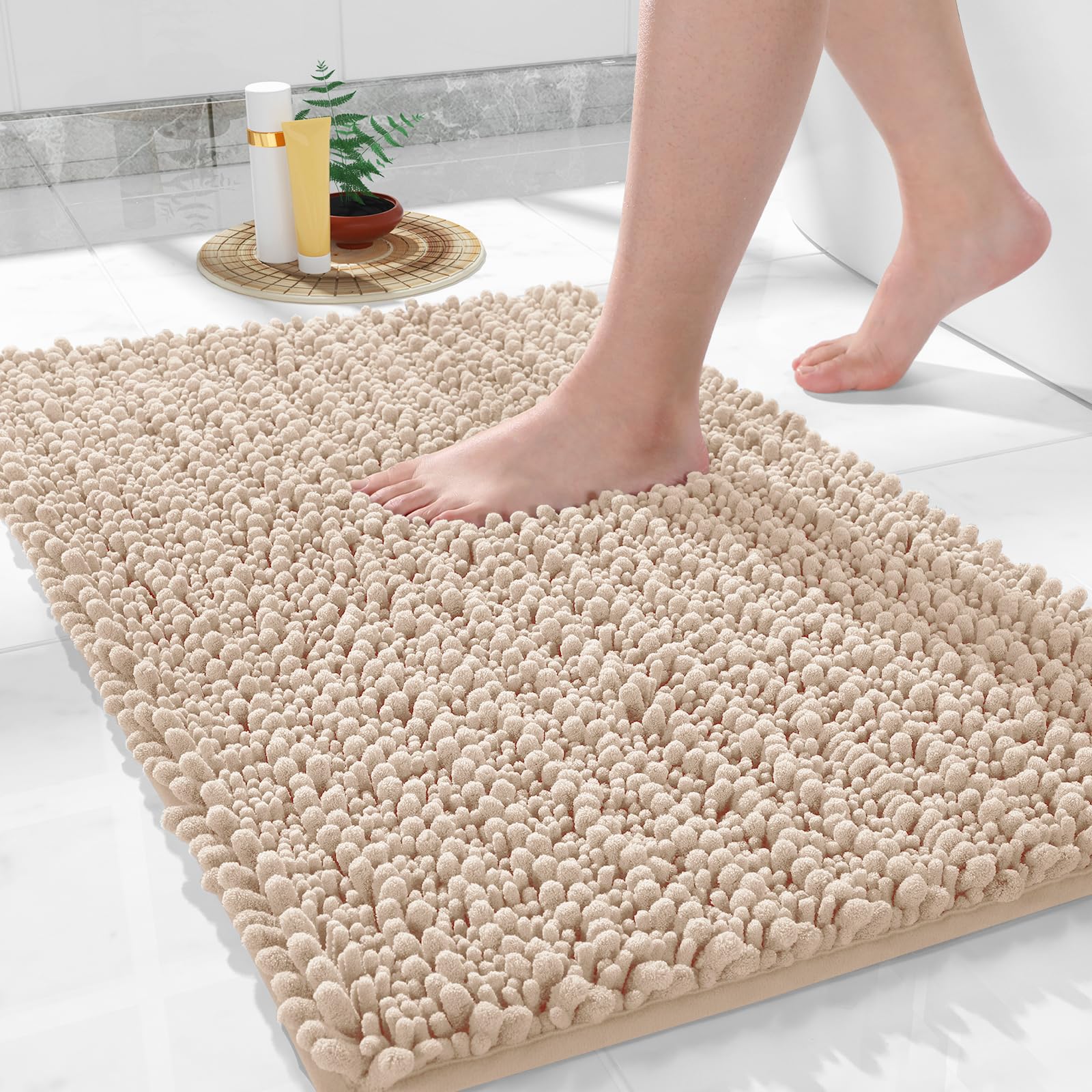 Photo 1 of Yimobra Large Bathroom Rugs Non Slip Washable 36x24 Inch - Ultra Soft Absorbent Chenille Bath Mat, Quick Dry Shaggy Floor Carpet for Tub Shower, Light Brown Home Decor Accessories