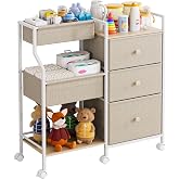 Modanais Baby Diaper Caddy Organizer Rolling Cart with Drawers, Off White | Detachable Dividers, 3 Tier Rolling Cart, Mobile Utility Cart with Wheels for Nursery, Bedroom, Changing Table &amp; Crib