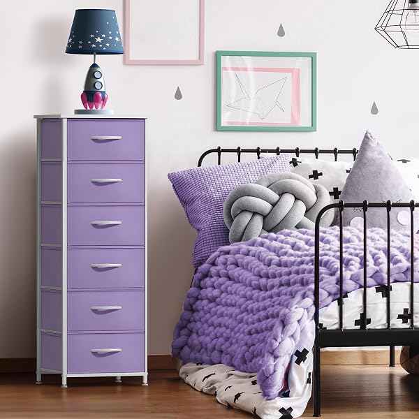 SORBUS FABRIC DRESSER FOR KIDS BEDROOM – CHEST OF 6 DRAWERS, TALL STORAGE TOWER, CLOTHING ORGANIZER, FOR CLOSET, FOR PLAYROOM, FOR NURSERY, STEEL FRAME, FABRIC BINS – WOOD HANDLE (PURPLE)
