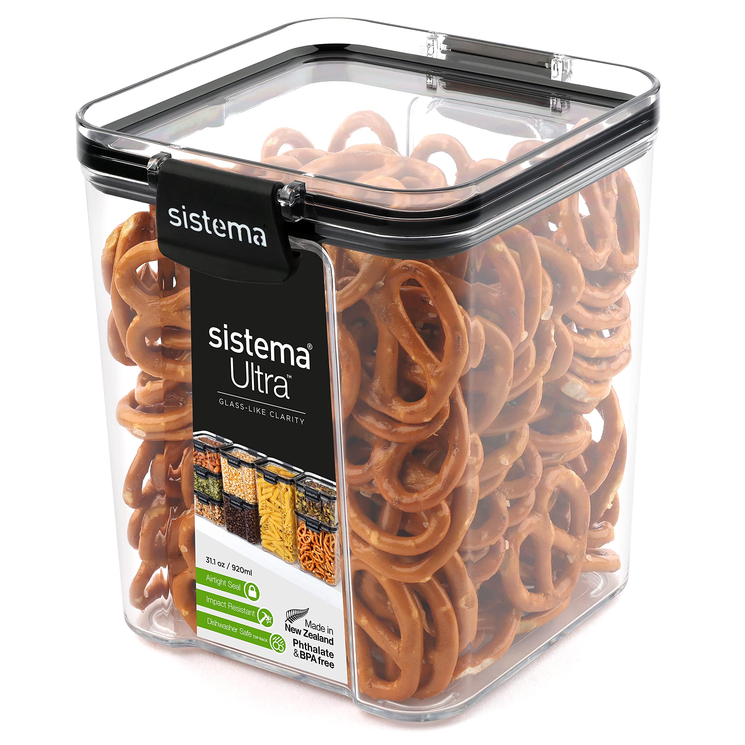 Sistema Ultra Airtight Pantry Storage Container | 920 ml Square Food Storage Container | Stackable | with Locking Clips | BPA-Free | Clear with Black Accents