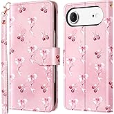 Casewind for iPhone Air Wallet Case with RFID Blocking Card Holder for Women,Cute Pink Cherry Bow Pattern,Kickstand PU Leather [Shockproof PC Interior Shell] Wrist Strap Flip Cover for 17 Air 6.5”