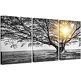 Biuteawal 3 Piece Wall Art Black White Tree at Warm Sunrise Landscape Picture Photo Canvas Prints Nature Tree of Life Painting for Home Office Living Room Decor Stretched and Framed Ready to Hang