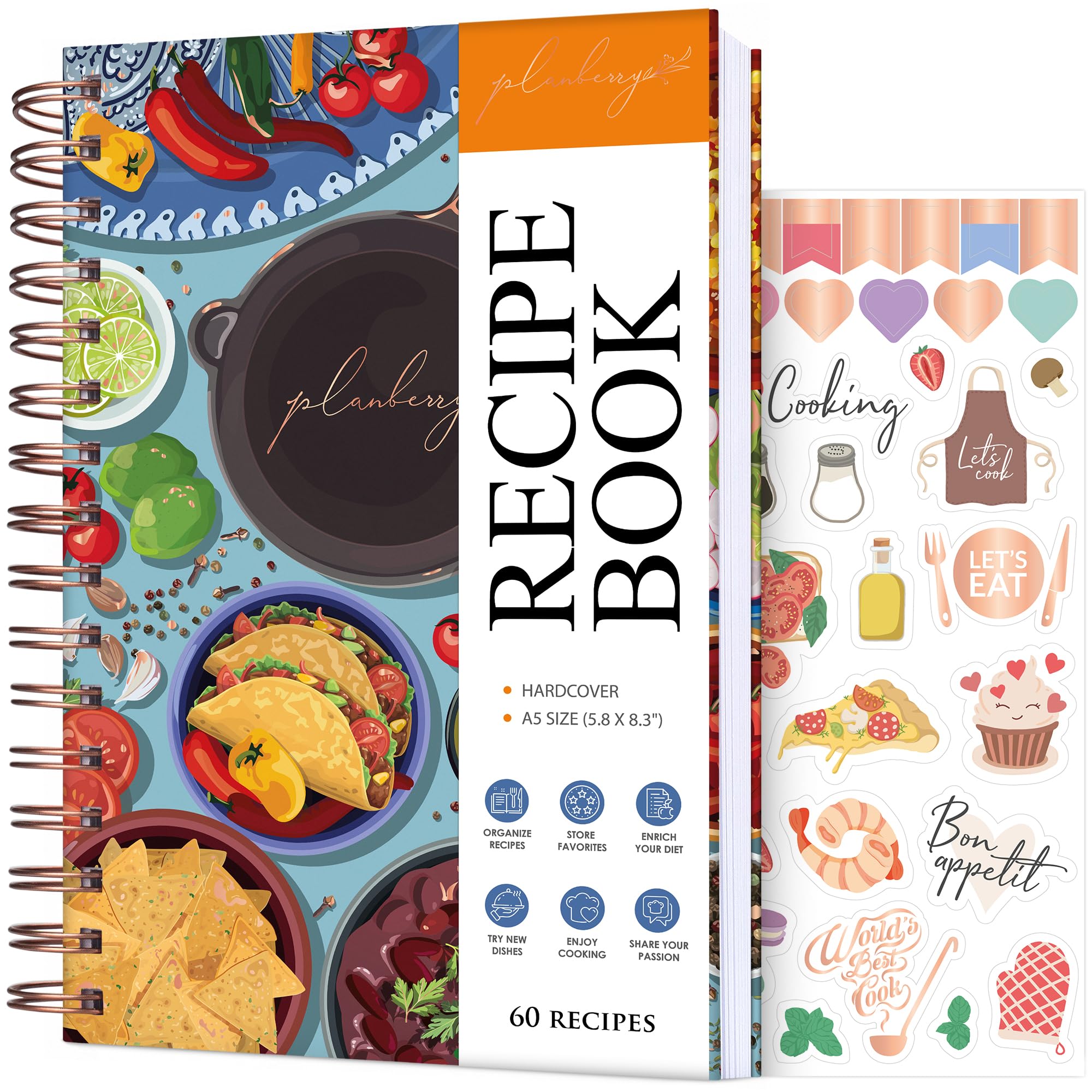 PLANBERRY Recipe Book – Blank Hardcover Cookbook to Write In Your Own Recipes – Empty Cook Book Journal to Fill In – Blank Family Recipe Notebook – 60 Recipes, 14x21cm (Taco Fiesta)