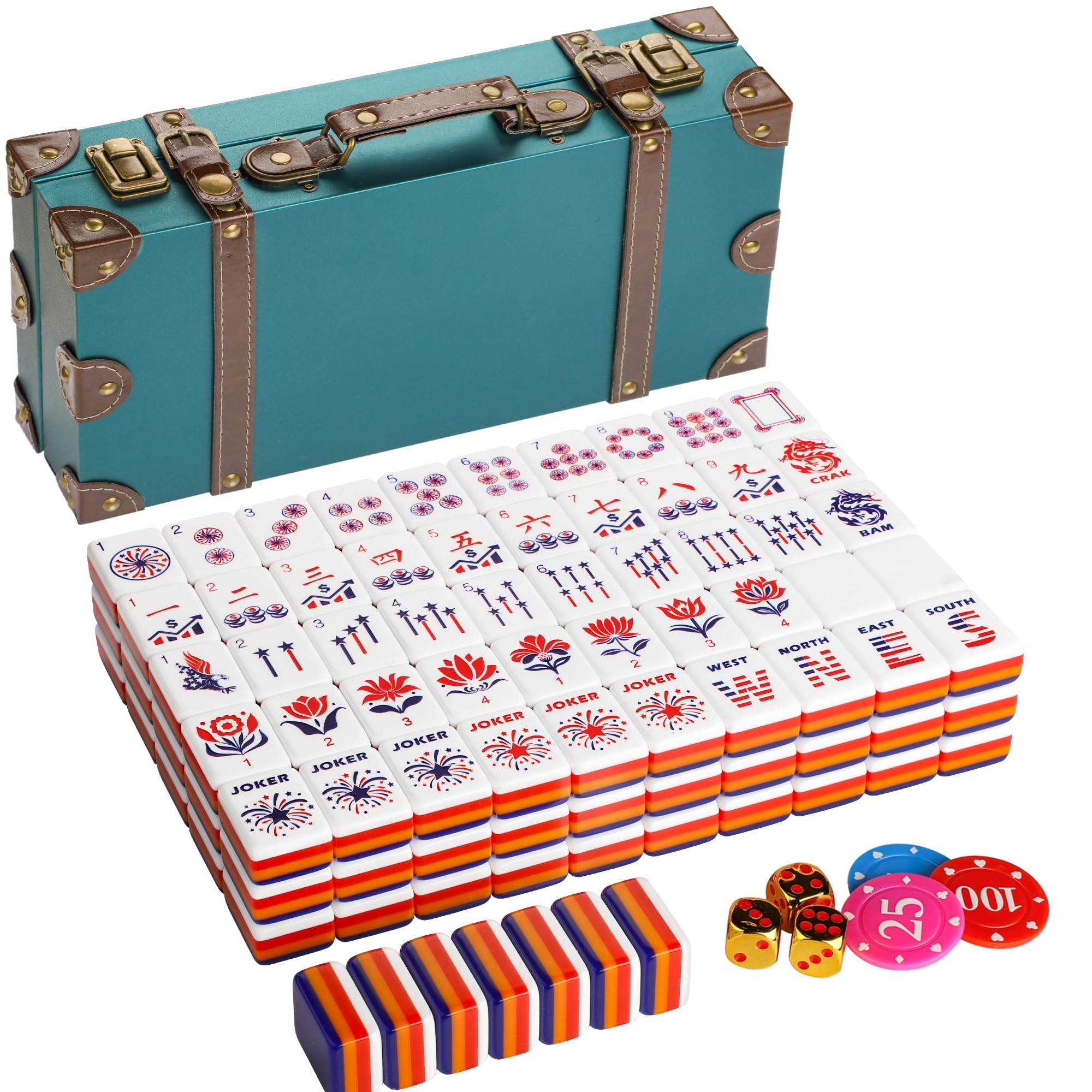 Photo 1 of Topmahjing American Mahjong Tile Set, 166 Acrylic Carved Tiles with American Classic Culture Theme, 4-Layer Colorful Tiles, 100 Chips, 3 Dice, Vintage Classic Leather Portable Travel Case