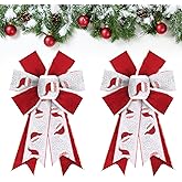 Estivaux 2 Pieces Christmas Bows for Wreath, Xmas Santa Wreath Bows Shining White Red Burlap Bows Santa Claus Craft Bows Winter Holiday Tree Topper Bows for Front Door Christmas Party Decorations