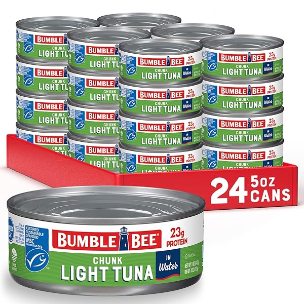 BUMBLE BEE CHUNK LIGHT TUNA IN WATER, 5 OZ CANS (PACK OF 24) – WILD CAUGHT SKIPJACK TUNA – 23G PROTEIN PER SERVING – MSC CERTIFIED SUSTAINABLE SEAFOOD, NON-GMO, GLUTEN FREE, KOSHER