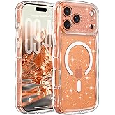 FABSPARK Case for iPhone 17 Pro Max,Compatible with MagSafe,Magnetic Clear Curly Wavy Frame Wave Case with Sparkly Bling Glitter,Transparent Acrylic Hard PC for iPhone 17 Pro Max,Glitter Clear