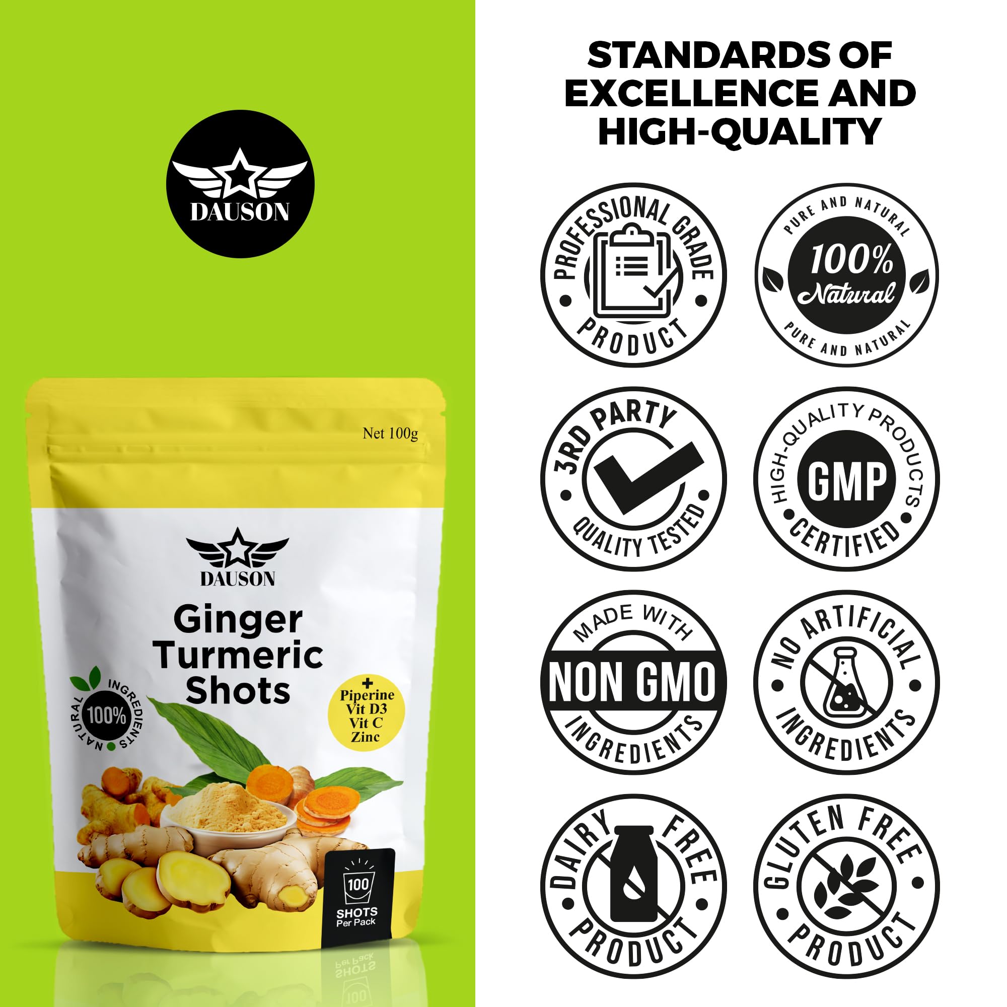 Ginger Turmeric Supplements with Piperine, Vitamin C, Vitamin D3 & Zinc | Turmeric Ginger Shots for Joint, Heart, Brain, Gut & Skin Health | 100 Servings | Ayurvedic | Powder