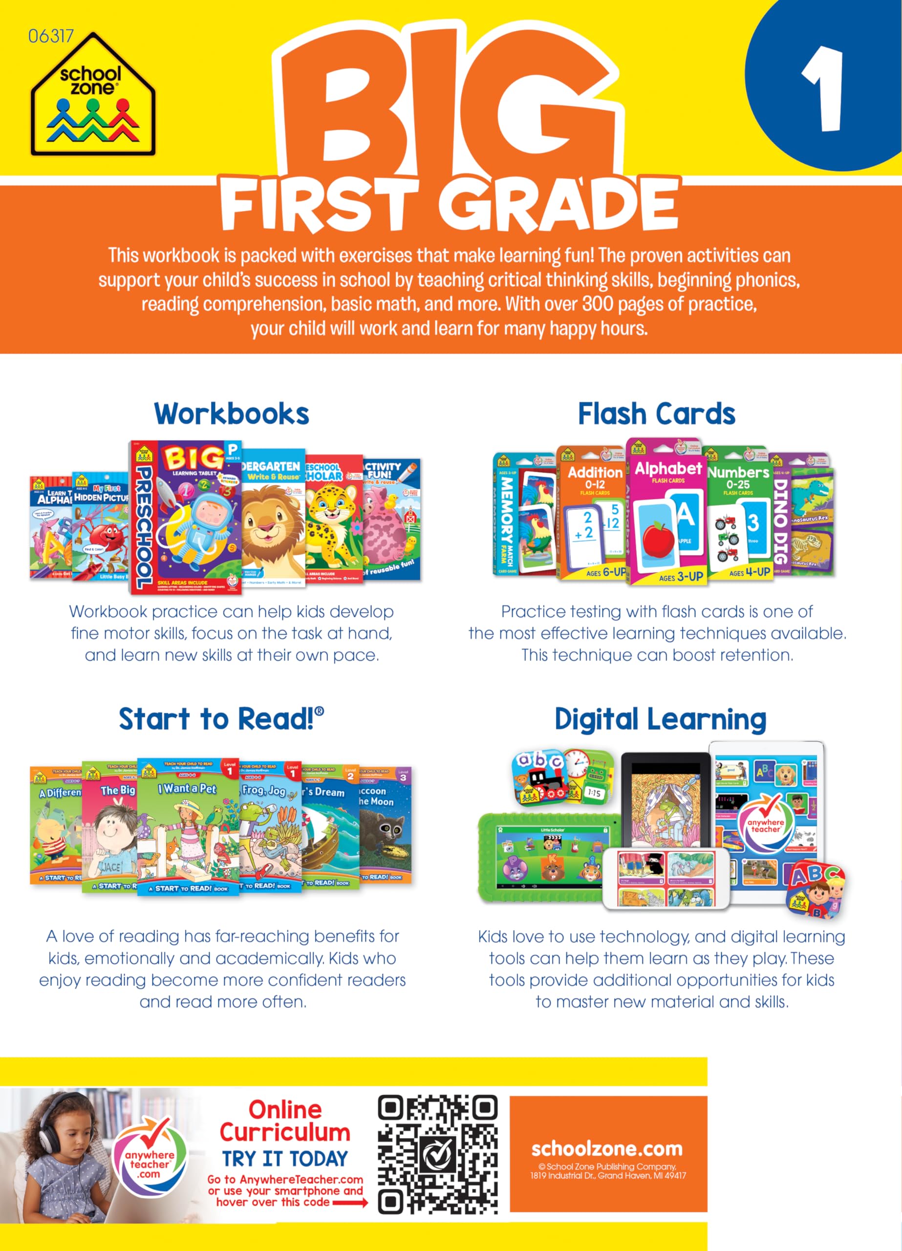 School Zone Big First Grade Workbook: 320 Pages, 1st Grade, Reading Comprehension, Phonics, Spelling, Vocabulary, Basic Math, Time, Money, Fractions, Ages 6 to 7