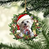 Talataca Maltese Wearing A Christmas Hat Wreath Gift for Dog Pet Lover 2D Flat Car Rear View Mirror Accessories Christmas Tree Ornament Decoration Hanging Charm Interior Rearview Pendant Decor Gift