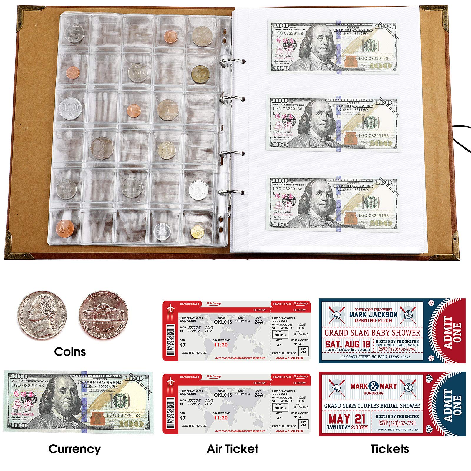 Zonon Currency Album Coin Collecting Book Holder with 150 Coin Pockets and 240 Paper Currency Pockets, PU Leather Album Collection Book Penny Storage(Brown)