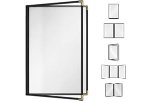 ACI SUPER POWER Goodsmart Restaurant Menu Covers – 25 Pack Black 4-View 8.5" x 14", Side-Loading Vinyl & Plastic Menu Holders, Clear Menu Sleeves, Leather-Style Café Covers with Gold Corners