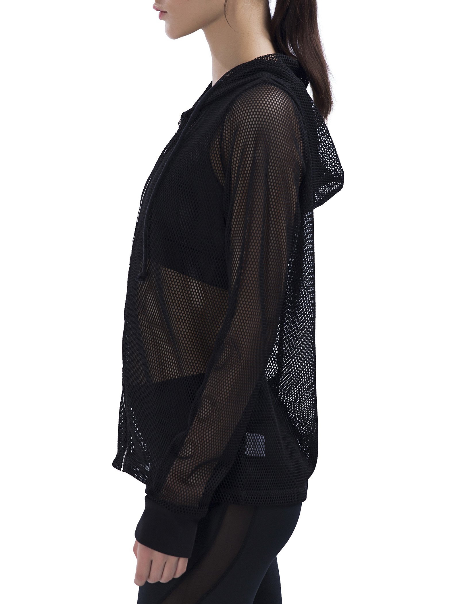 SPECIAL MAGIC Women\'s Long Sleeve Full Mesh Hooded Hoodie With Metal Zip Black L