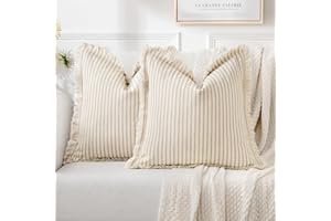 MIULEE Pack of 2 Khaki Throw Pillow Covers Striped Farmhouse Couch Cushion Covers with Fringe Linen Decorative Accent Pillowc