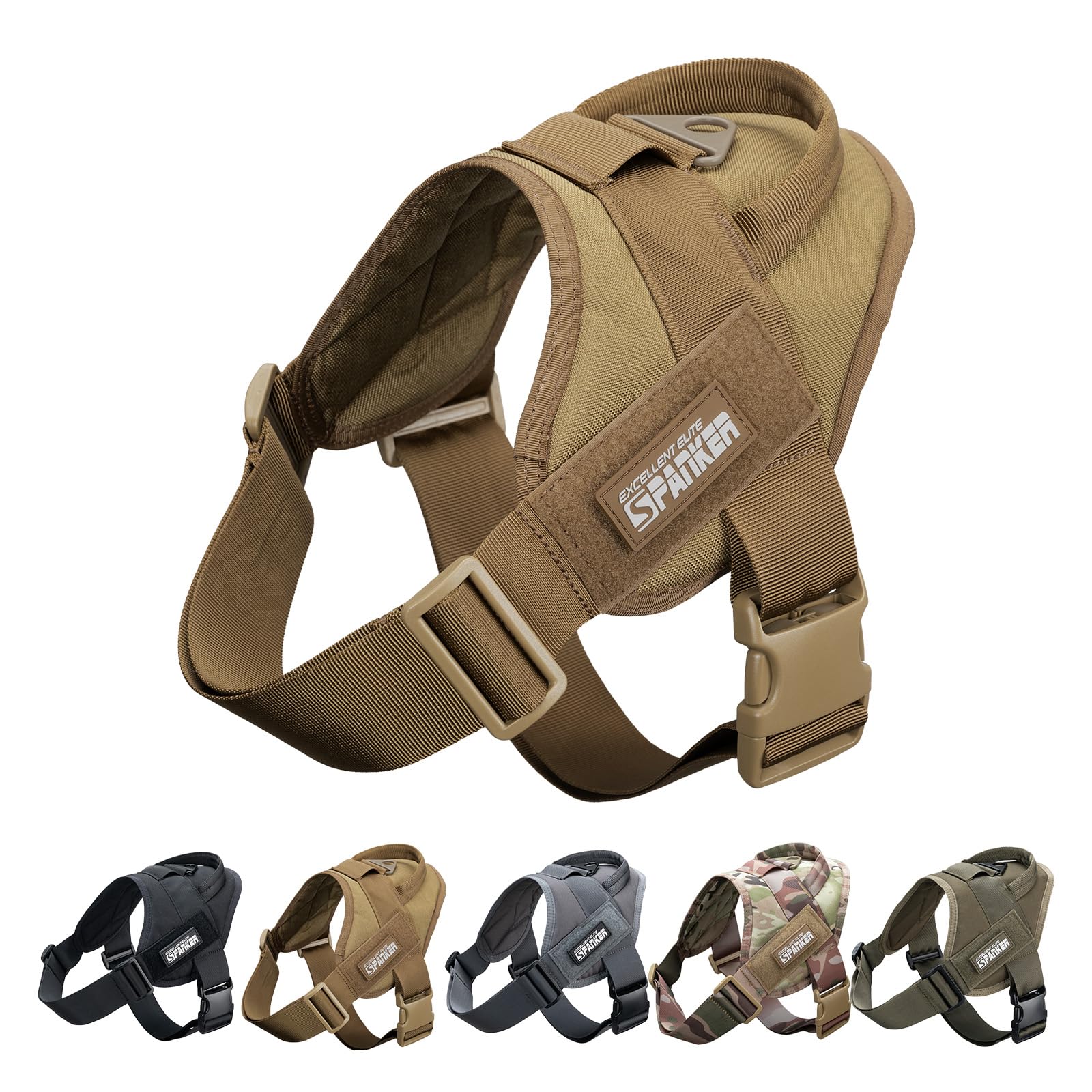 EXCELLENT ELITE SPANKER Tactical Dog Vest Training Military Service Dog Harness Easy Control Adjustable No-Pull Nylon Pet Harness with Handle for Small Medium Large Dogs(Brown-XL)