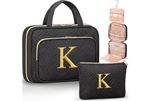 QINLINE Personalized Gifts for Women, Initial Toiletry Bag Hanging Travel Organizer & Makeup Cosmetic Bag with Embroidery Letter Teacher Appreciation Gift Birthday Christmas Gifts for Mom Wife Friend Sister