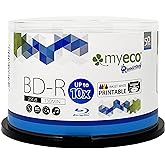 50 Pack Myeco Bd-r BDR Blu-ray 25gb White Inkjet Hub Printable Blank Disc | Upto 10x, Single Layer Write-once Data Video Media Blu-ray Disc, White Surface for Inkjet Printer, Cakebox Spindle Packaging