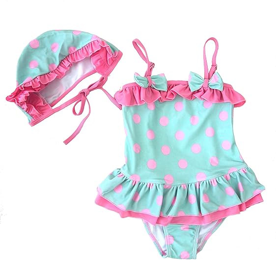 Amazon 水着 女の子 グリーン ピンク 水玉 ワンピース つなぎ ドット